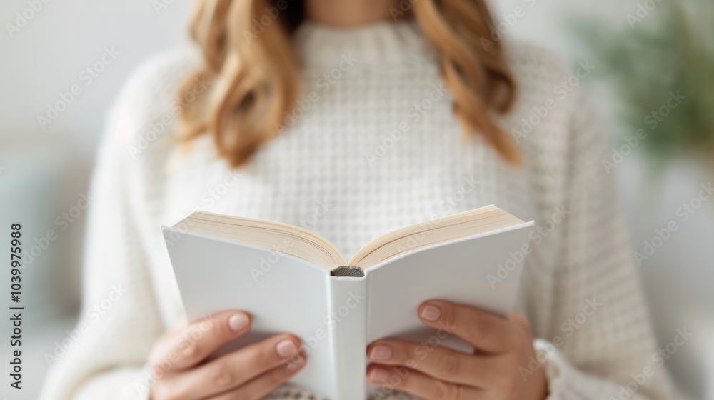 A cozy reading scene featuring a person in a white sweater holding an open book, conveying warmth and relaxation.