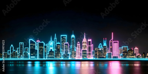 Wallpaper Mural Neon Glowing City Skyline Outline on Plain Black Background for Smart Cities Concept - High Contrast Design with Generous Copy Space for Impactful Messaging in Photo Stock Torontodigital.ca