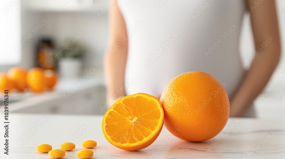 A fresh orange with a sliced half sits on a countertop, with a pregnant woman in the background, symbolizing vitality and health.