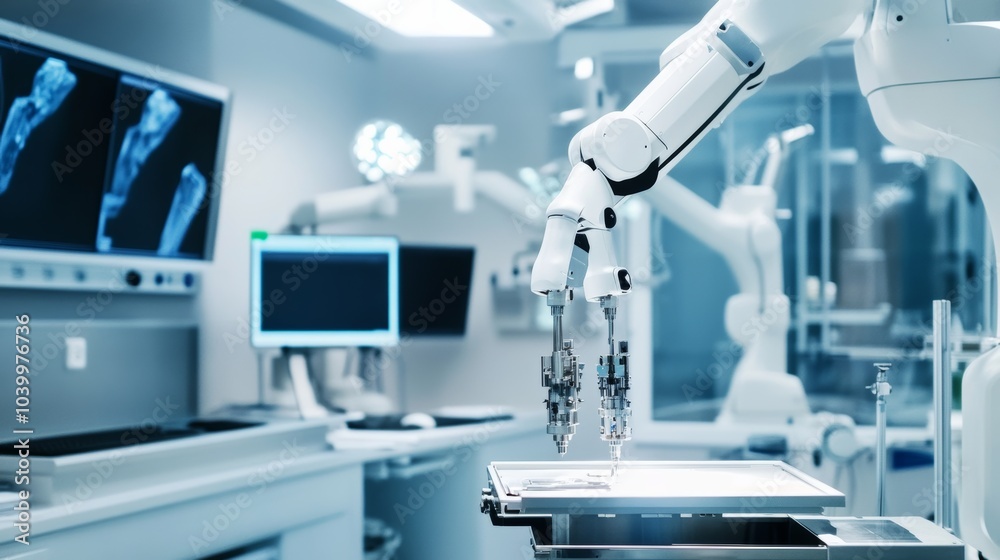 A robot assembling complex medical devices in a clean and advanced surgical equipment lab, sterile and high-tech environment, Medical-tech style