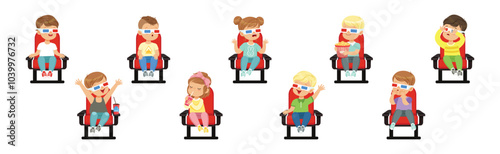 Cute Kids Character Watching Movie Sit on Chair in 3D Glasses Vector Set
