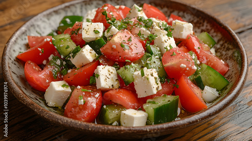 A simple yet flavorful dish of Horiatiki, the classic Greek village salad, with chunky tomatoes, cucumbers, onions, green peppers, and large cubes of feta, drizzled with olive oil