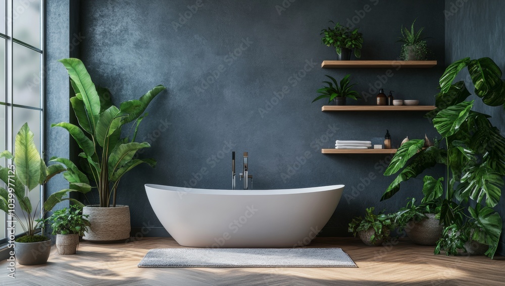 A bathroom with a white bathtub and a large window A bathroom with a white bathtub and a large window