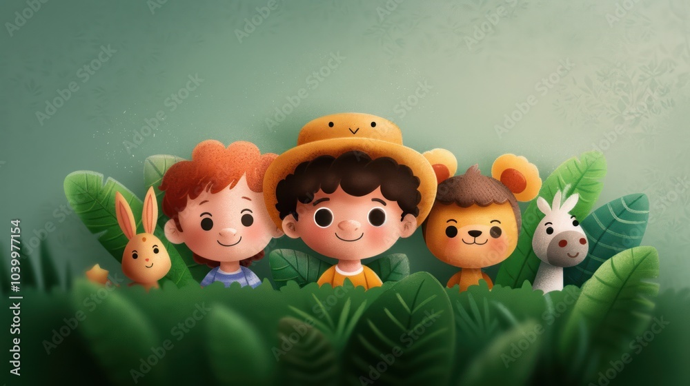 Fototapeta premium A vibrant illustration of two children in playful hats, surrounded by cute animal friends in a lush, green jungle setting.
