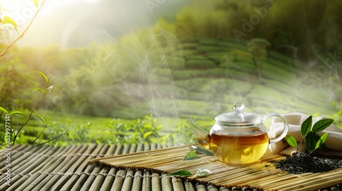 Teapot with a lid on a table with a green background