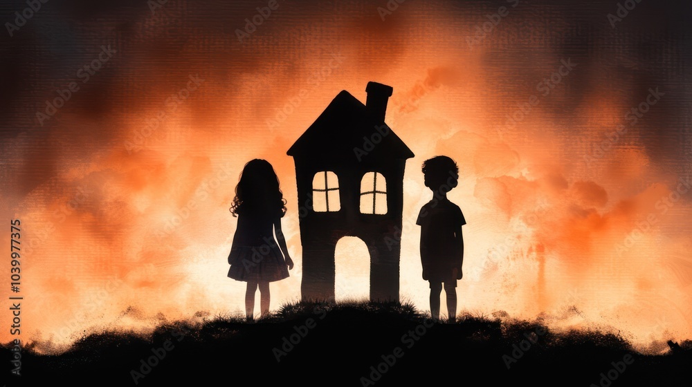 Two silhouetted children stand before a burning house, evoking themes of loss, fear, and childhood innocence amidst chaos.
