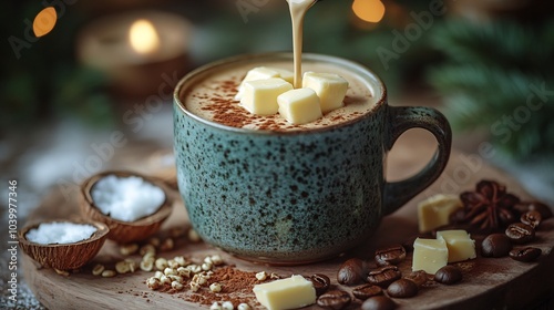 Creative shot of bulletproof coffee being poured into stylish mug with ingredients like butter and coconut oil arranged artfully around the cup