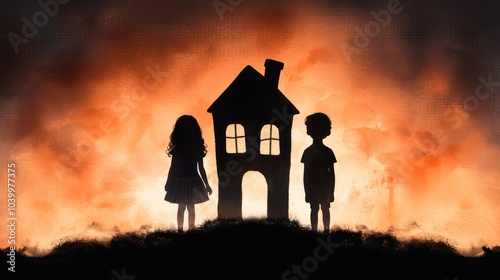 Obraz na płótnie Two silhouetted children stand before a burning house, evoking themes of loss, fear, and childhood innocence amidst chaos. w salonie