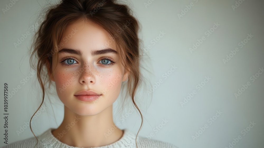 portrait of a lovely young woman with striking features isolated against a clean white background highlighting her beauty and expressions in a minimalist style portrait of a lovely young woman with striking features isolated against a clean white background highlighting her beauty and expressions in a minimalist style