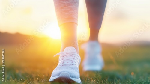 A person walks on grass during sunset, showcasing a peaceful moment with soft sunlight illuminating their white sneakers.