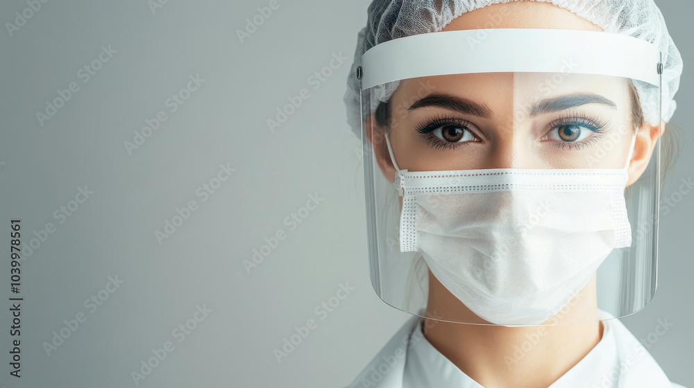 Caring nurse wearing face shield and mask, focused on providing care and support during challenging times. Her expression reflects dedication and professionalism Caring nurse wearing face shield and mask, focused on providing care and support during challenging times. Her expression reflects dedication and professionalism