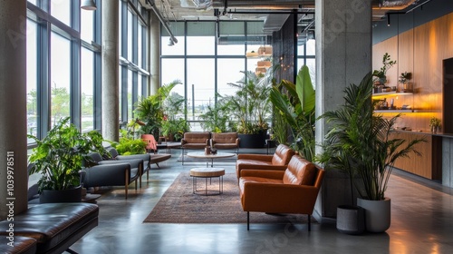 Spacious lobby with raw concrete walls, floor-to-ceiling windows, and tropical plants adding a refreshing vibe.