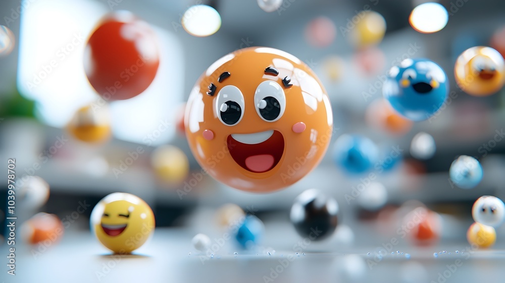 Fototapeta premium Glossy colorful emoji icons and visual symbols floating in a futuristic minimalist digital design 3D with a sleek transparent and modern aesthetic