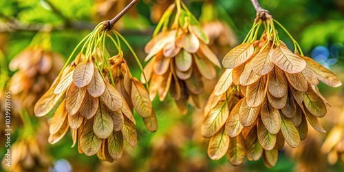 Cluster of maple seeds hanging from tree with leaves in background photo