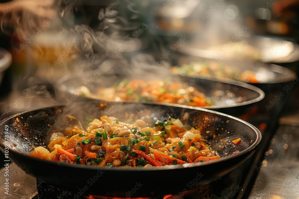 Chef Stir-Frying Colorful Vegetables in a Wok on a Gas Stove Chef Stir-Frying Colorful Vegetables in a Wok on a Gas Stove