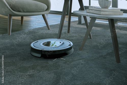 Robots vacuums cleaners on carpet in living room for cleaning pet hair and dust.