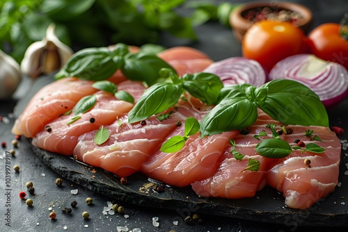 Fresh Sliced Chicken Breast with Basil and Peppercorns on Slate for Gourmet Cooking photo