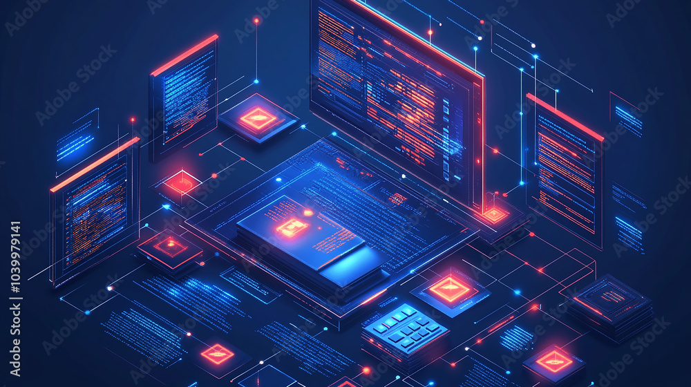 Glow network 3D AI tools for code writing, development and analysis. Artificial intelligence technology in business concept. Vector isometric illustration. Glow network 3D AI tools for code writing, development and analysis. Artificial intelligence technology in business concept. Vector isometric illustration.