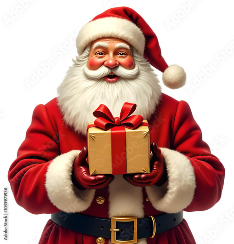 Smiling Santa Claus handing a present box to you