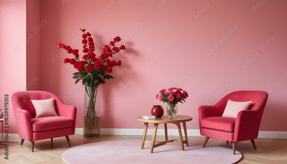 A modern living room with pink walls , two pink armchairs , a round wooden coffee table , and a vase of red flowers on the table.