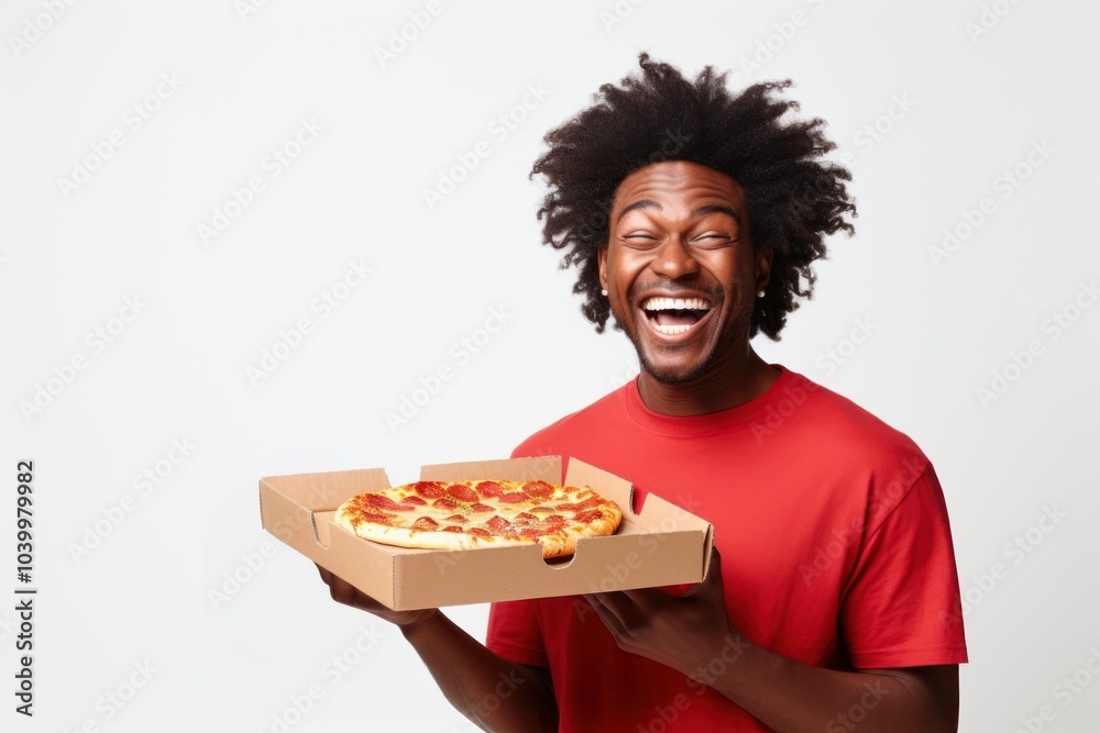 Joyful african american man holds box of pizza laughing person female. Joyful african american man holds box of pizza laughing person female.