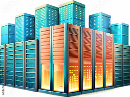 Close Up of Server Racks Cityscape Silhouette Macro Photograph Symbolizing Global Data Network Backbone Urban Life Ample Copy Space for Photo Stock Concept