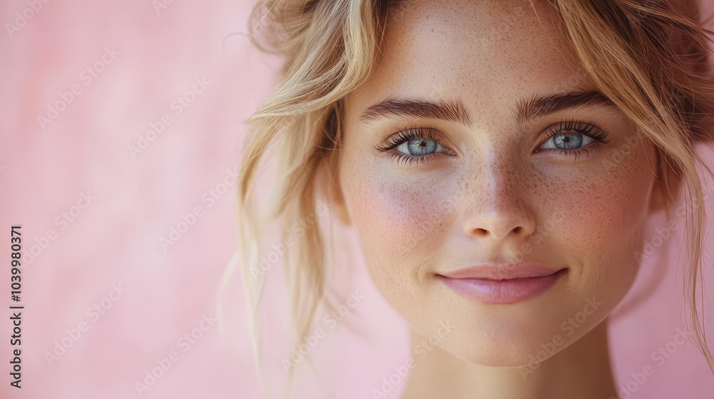 radiant portrait of a beautiful young woman with fresh glowing skin set against a soft pink background that enhances her natural beauty and evokes feelings of warmth and serenity radiant portrait of a beautiful young woman with fresh glowing skin set against a soft pink background that enhances her natural beauty and evokes feelings of warmth and serenity