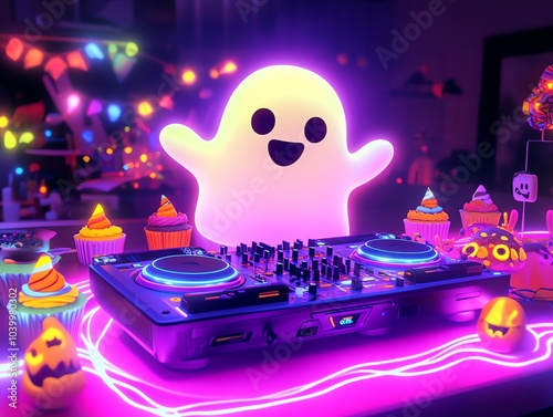 A glowing neon cute ghost DJing at a Halloween party, surrounded by food characters like spooky candy corn and cupcakes, vibrant neon audio waves pulsing, playful atmosphere