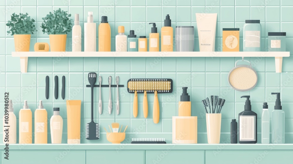 Organized Pet Grooming Station Flat Illustration with Various Tools Displayed Neatly, Copy Space Available Organized Pet Grooming Station Flat Illustration with Various Tools Displayed Neatly, Copy Space Available