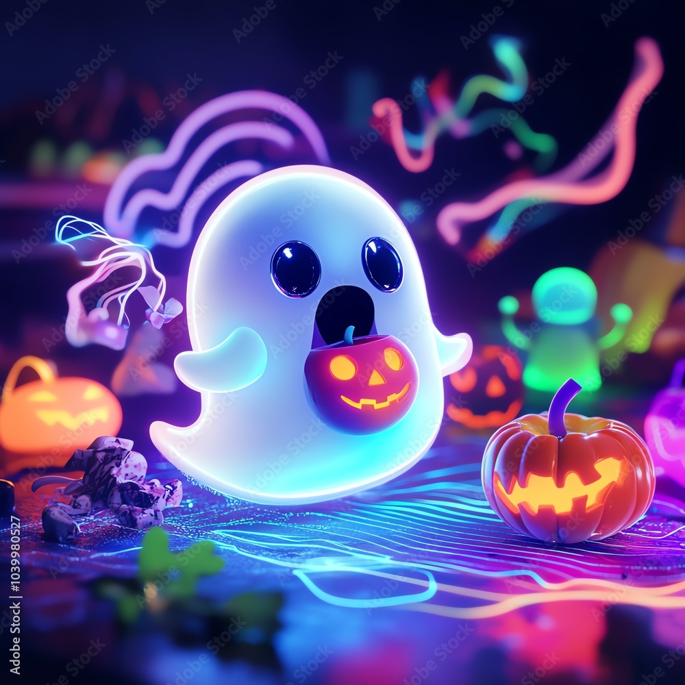 Naklejka premium A neonlit cute ghost eating a spooky Halloween candy apple, surrounded by glowing food characters and neon audio waves, fun and colorful