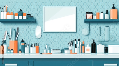 Fototapeta Naklejka Na Ścianę i Meble -  Organized Pet Grooming Station with Tools Displayed Flat Illustration; Copy Space Available for Text