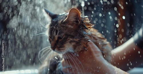 cat being gently bathed, covered in soap suds, with a curious yet reluctant expression, ideal for pet grooming, hygiene, and domestic care visuals photo