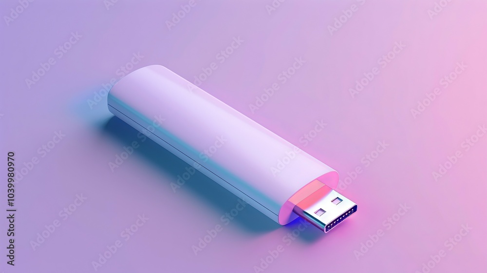 White usb adapter. A white USB adapter sits on a pink and blue gradient background, representing the transfer of data and information. White usb adapter. A white USB adapter sits on a pink and blue gradient background, representing the transfer of data and information.