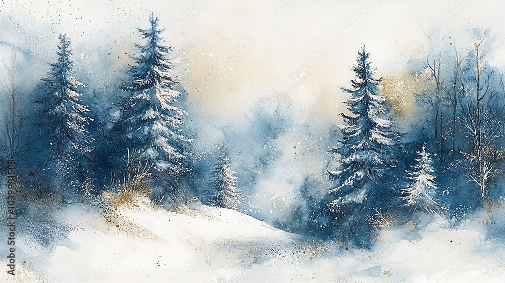 Fototapeta premium Winter background vector. Hand painted watercolor drawing for Christmas and Happy New Year season. Background design for invitation, cards, social post, ad, cover, sale banner and invitation.