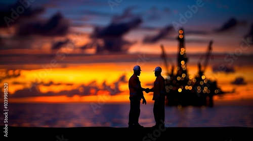 Two executives shaking hands in front of an oil rig. Cooperation, agreement, oil industry, oil well,business, energy, globalization, investment, development, leadership, International, Trading photo