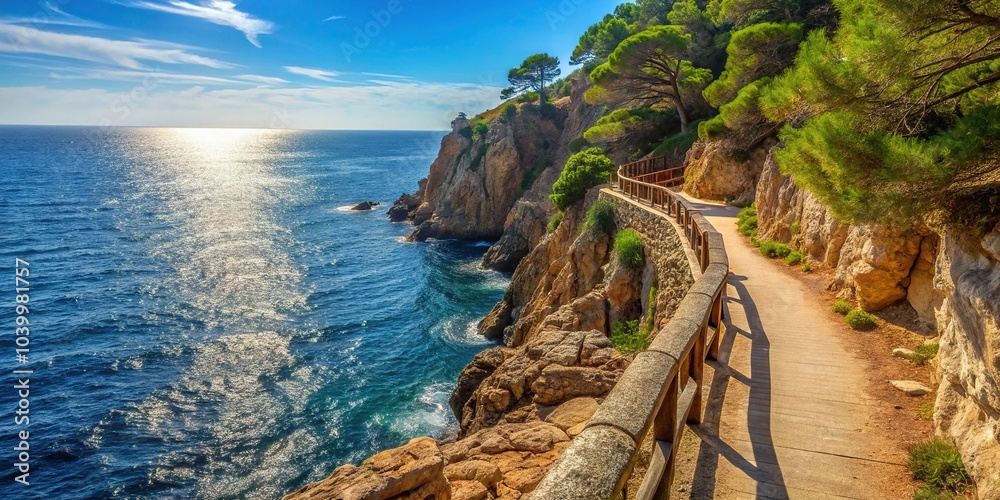 Obraz premium Coastal walkway path along cliff in Costa Brava Catalonia, long shot