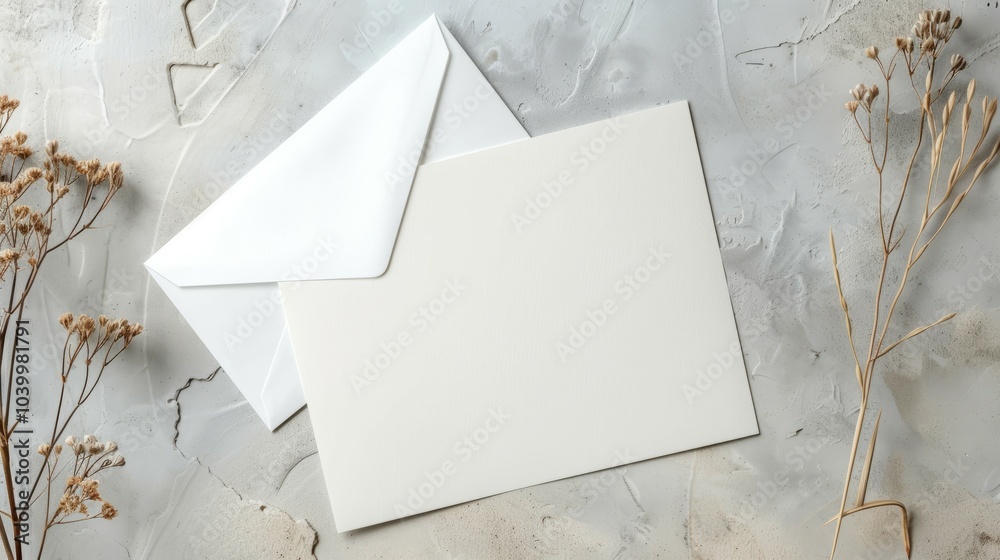 Blank card and envelope. A minimalist white card and envelope on a concrete background with dried floral sprigs, perfect for showcasing your message or design. Blank card and envelope. A minimalist white card and envelope on a concrete background with dried floral sprigs, perfect for showcasing your message or design.