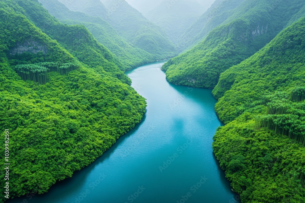 A river runs through a lush green valley with mountains in the background A river runs through a lush green valley with mountains in the background