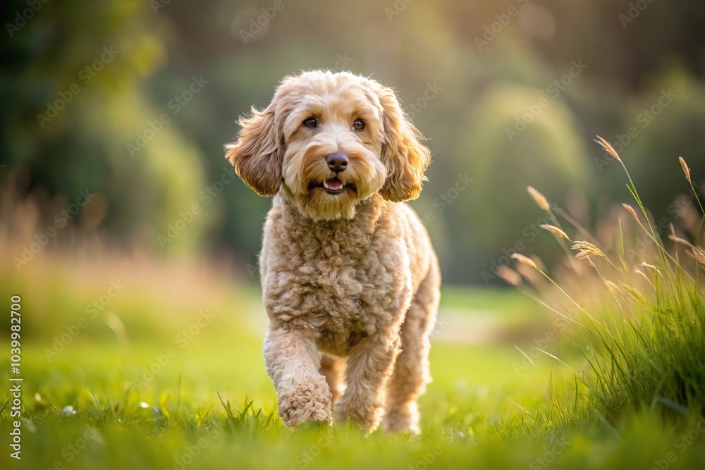 Cockapoo dog walking in green field macro Cockapoo dog walking in green field macro