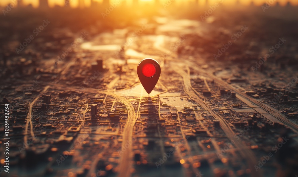 Red Location Pin on Detailed City Map in Warm Sunset Light Red Location Pin on Detailed City Map in Warm Sunset Light