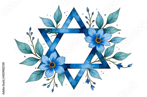 png Star of David with blue flowers and leaves on transparent background. Bat and Bar Mitzvah concept design, Watercolor Greeting card for celebration Hanukkah, Passover, Shavuot photo