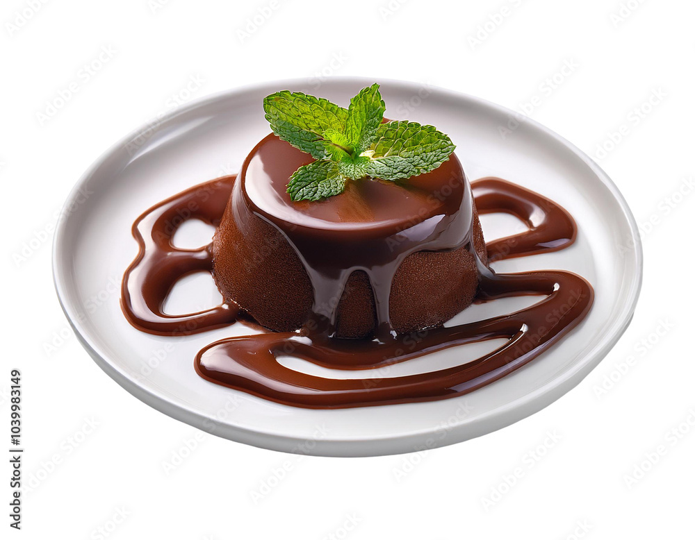 Rich and decadent chocolate lava cake featuring a mint garnish on a white background
