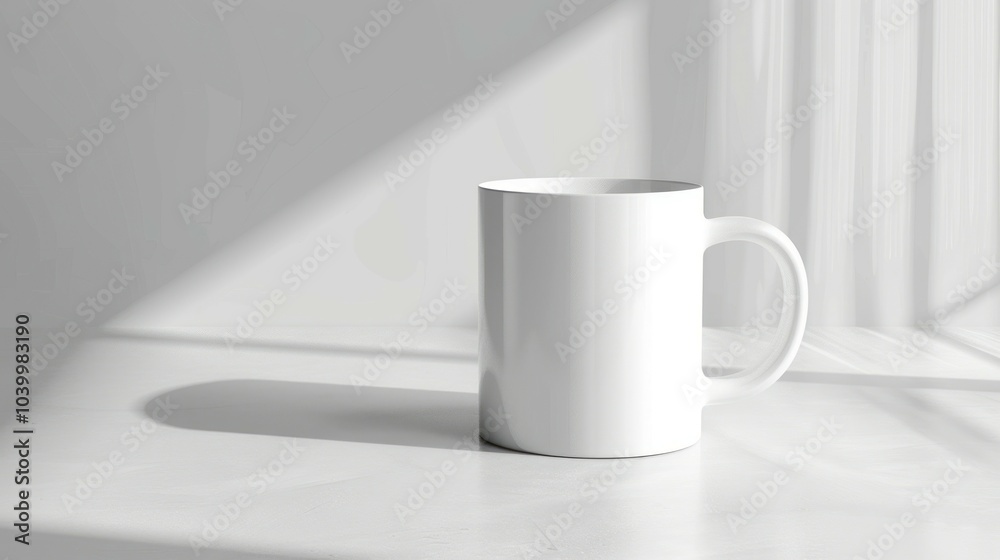 Fototapeta premium White mug sunlight. A white ceramic mug with a simple design sits on a table in a bright, sunlit room. The light casts soft shadows on the surface, creating a calming and minimalist aesthetic.