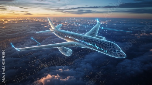 Futuristic Digital Twin of an Aircraft in Flight Over Cityscape at Sunset