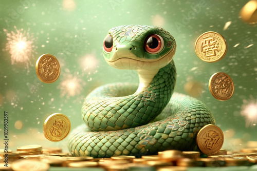 3D Rendered Cute Green Snake with Gold Coins in a Festive Setting for Chinese New Year Celebration