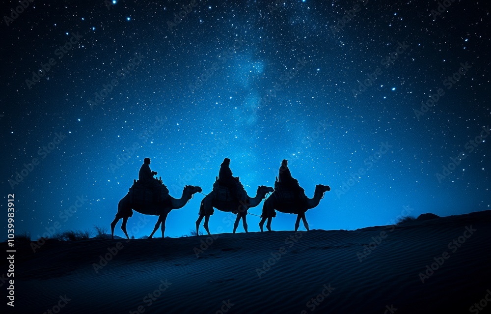 Three men riding camels in the desert at night Three men riding camels in the desert at night