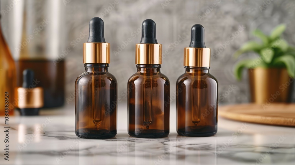 Essential oil bottles. Three amber glass bottles with gold caps and droppers, arranged on a marble surface. These bottles are perfect for showcasing natural beauty and wellness products. Essential oil bottles. Three amber glass bottles with gold caps and droppers, arranged on a marble surface. These bottles are perfect for showcasing natural beauty and wellness products.