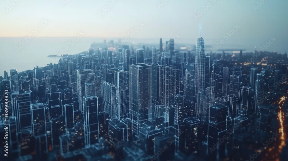 Obraz premium Smart City Concept with Digital Blueprint Overlay on Modern Urban Skyline