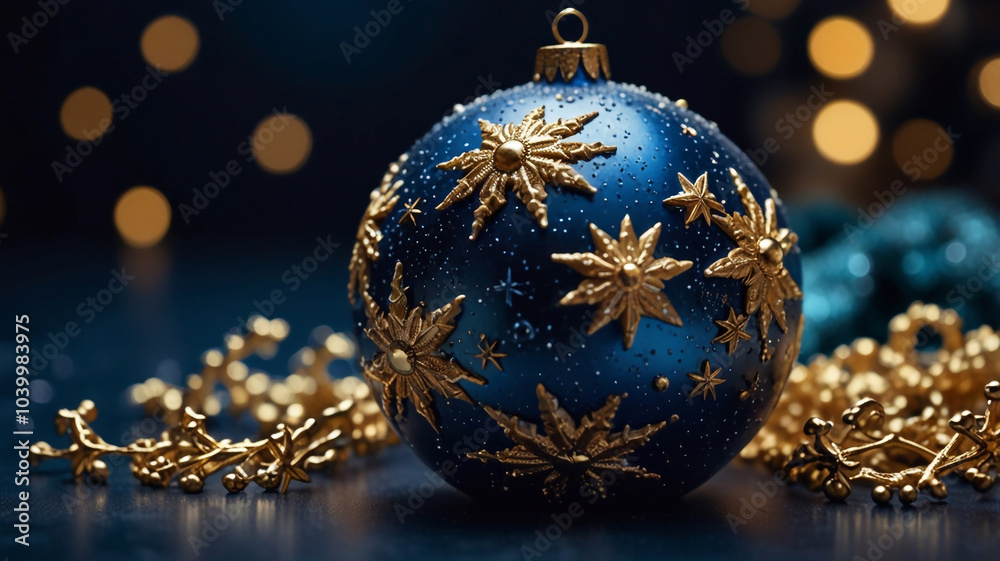 Fototapeta premium celestial winter wonderland with deep blue backdrop adorned by shimmering gold stars and ornate baubles festive greeting card design exudes magical holiday spirit 