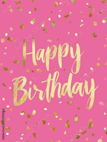 Happy Birthday Card with Gold Glitter Text and Confetti on Pink Background